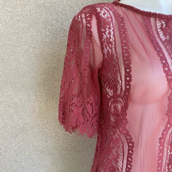 Boho Pink Crochet Lace Woven 3/4 Sleeves Blouse - Picture 3 of 8